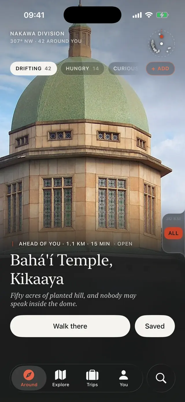 Zula showing the Bahá'í Temple ahead in Kampala, 1.1 kilometres away