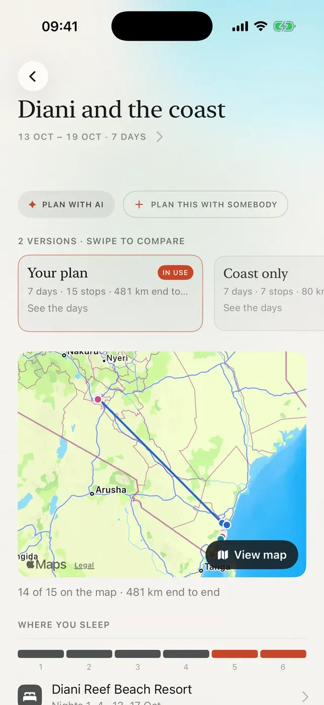 A seven-day trip to Diani with its stops on a map, 481 kilometres end to end
