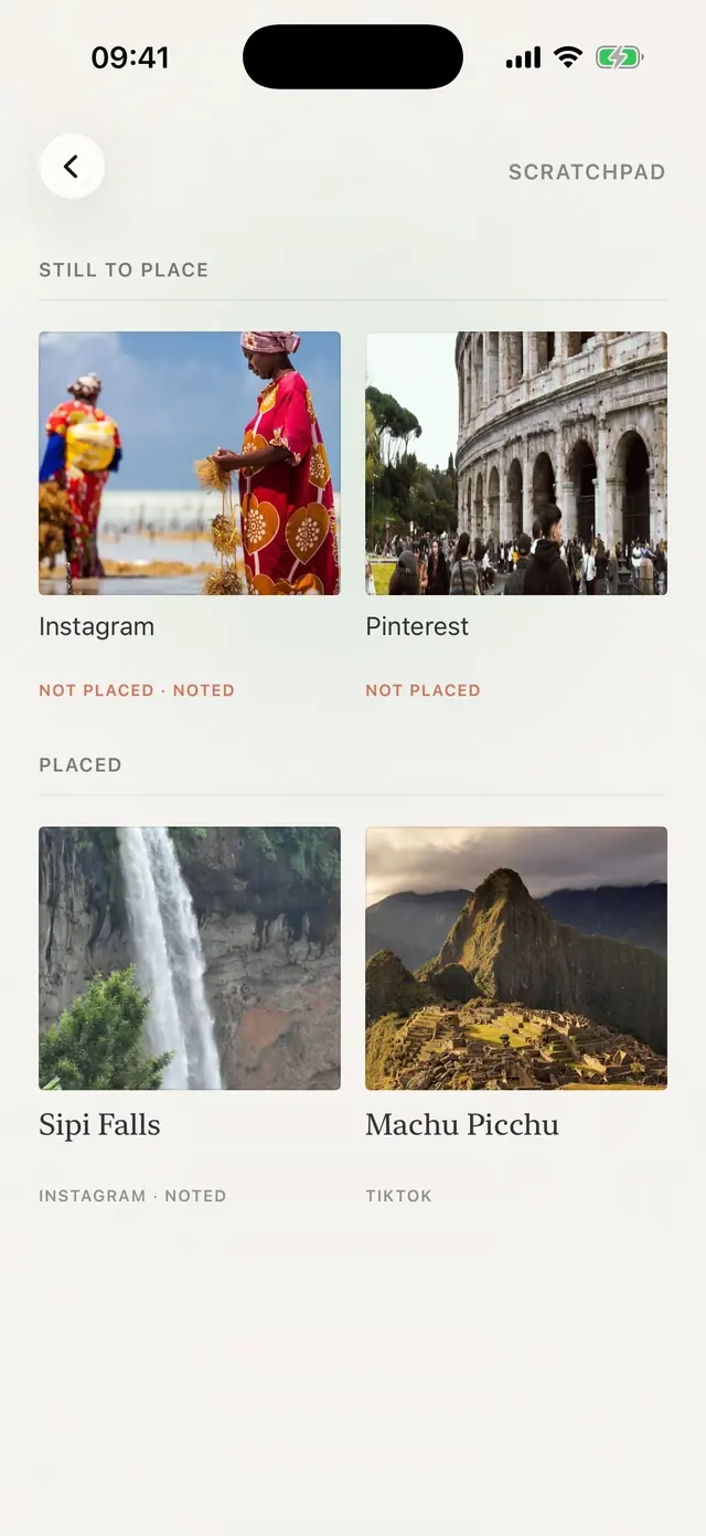 Saved posts as cards: Sipi Falls and Machu Picchu placed, two still to place